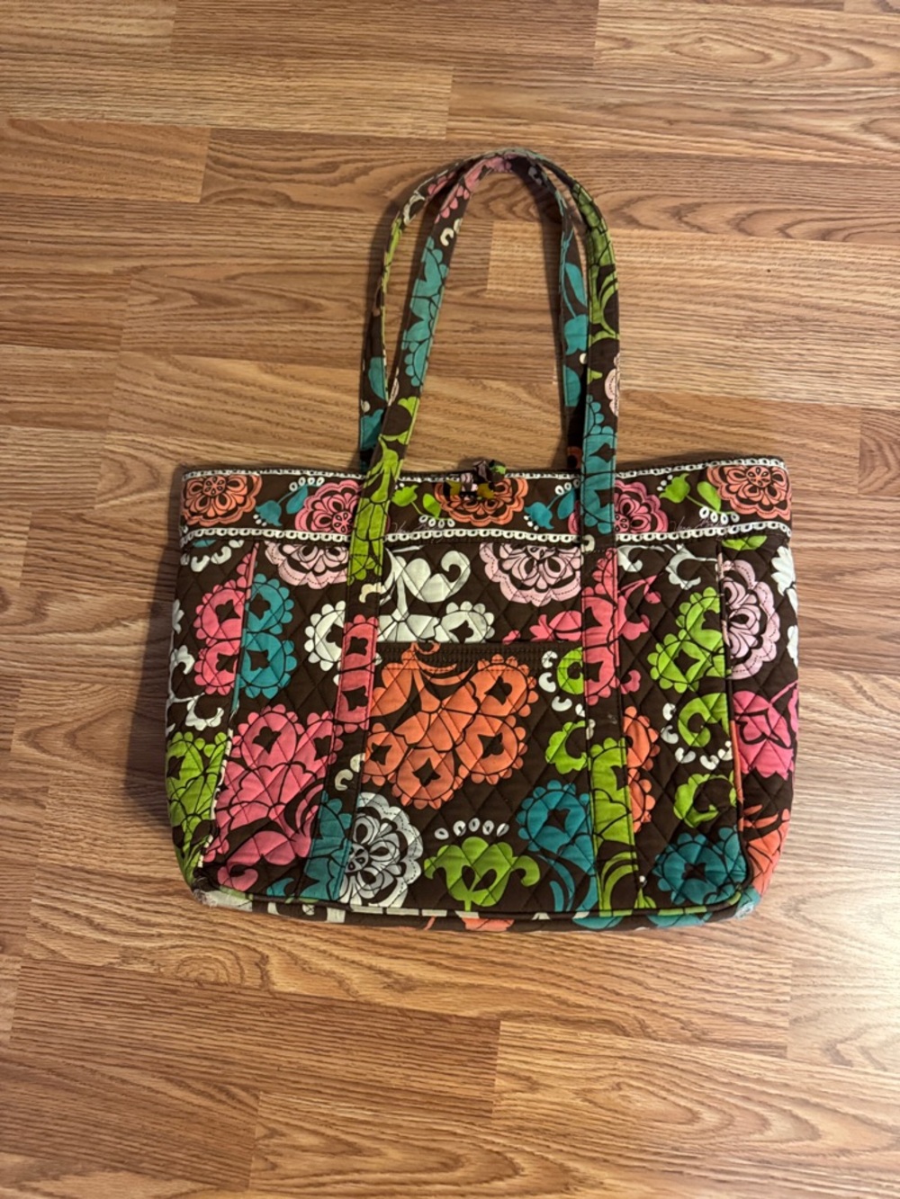 Vera Bradley Brown Quilted Tote with Bright Floral Print computer carrier